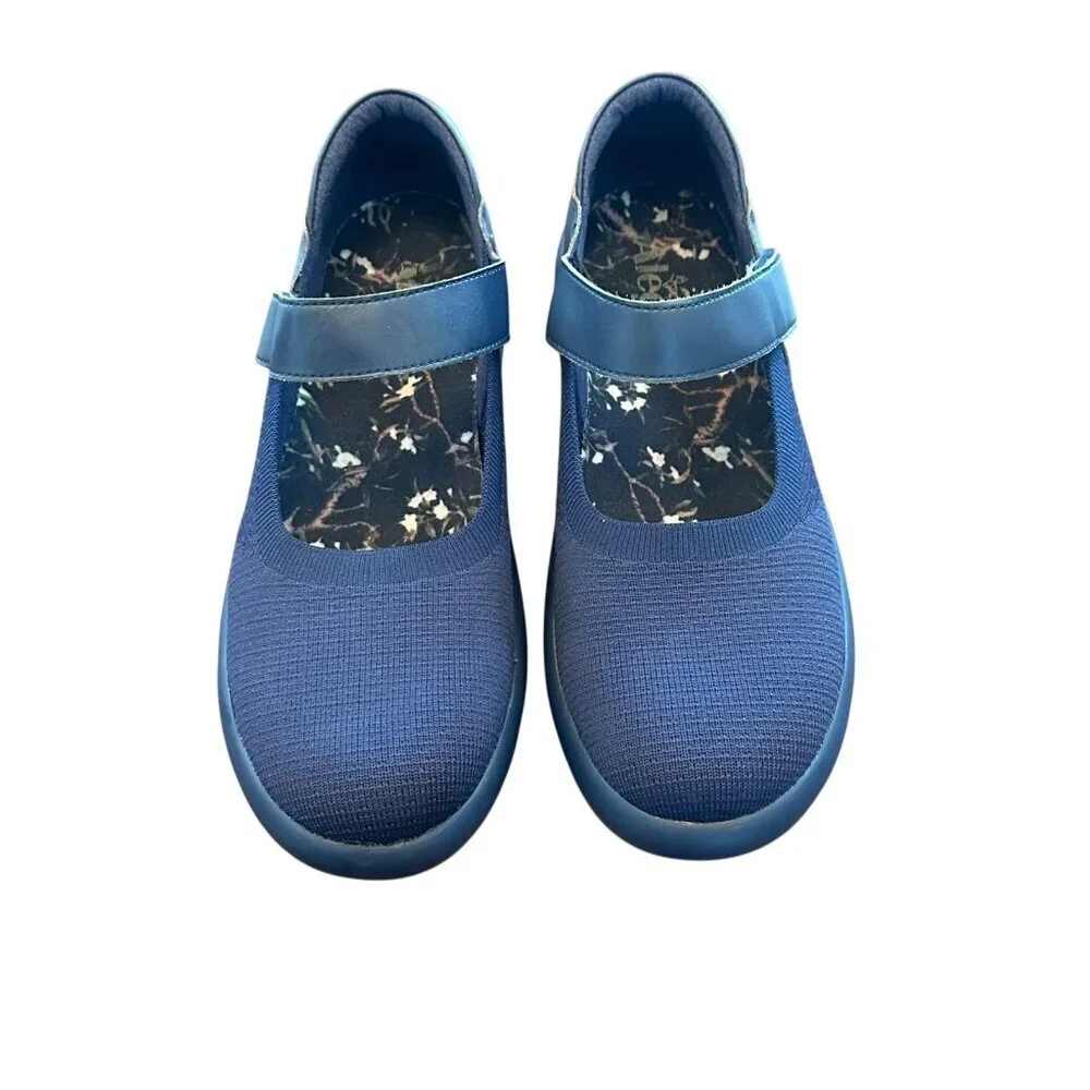 Alegria Navy Knit & Faux Leather Mary Jane Sneakers Size 38 Flats Comfort Shoes